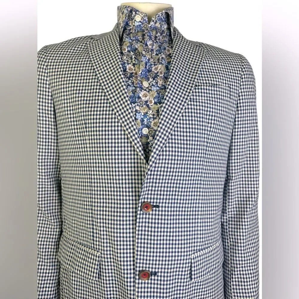 Robert Graham Casual 2 Button Navy/Cream Gingham Classic Fit Blazer Like New 36